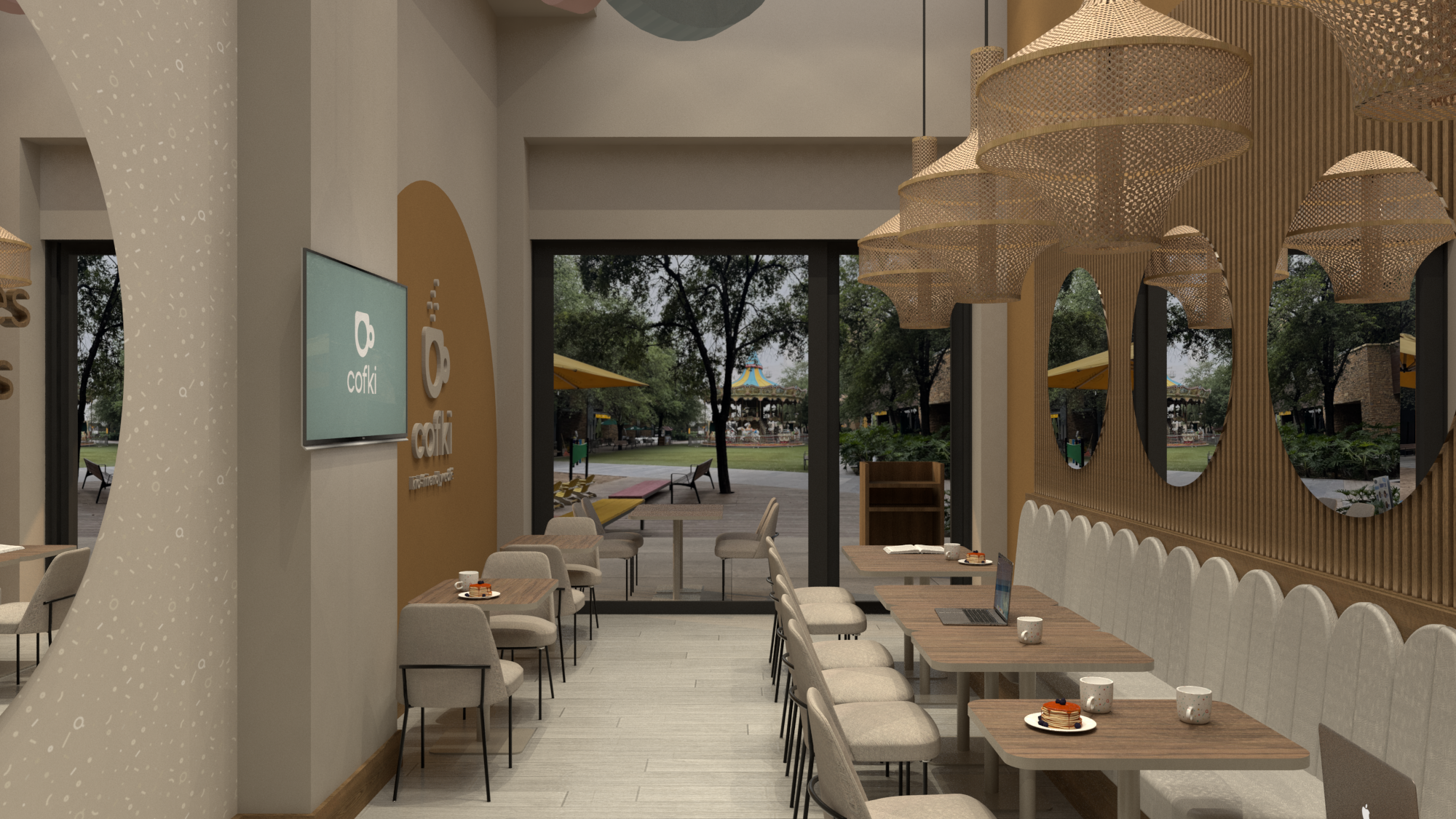 Barra y zona de café en Cofki Pueblo Serena