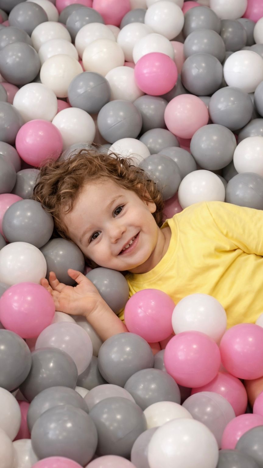 Niña sonriendo en la alberca de pelotas de Cofki