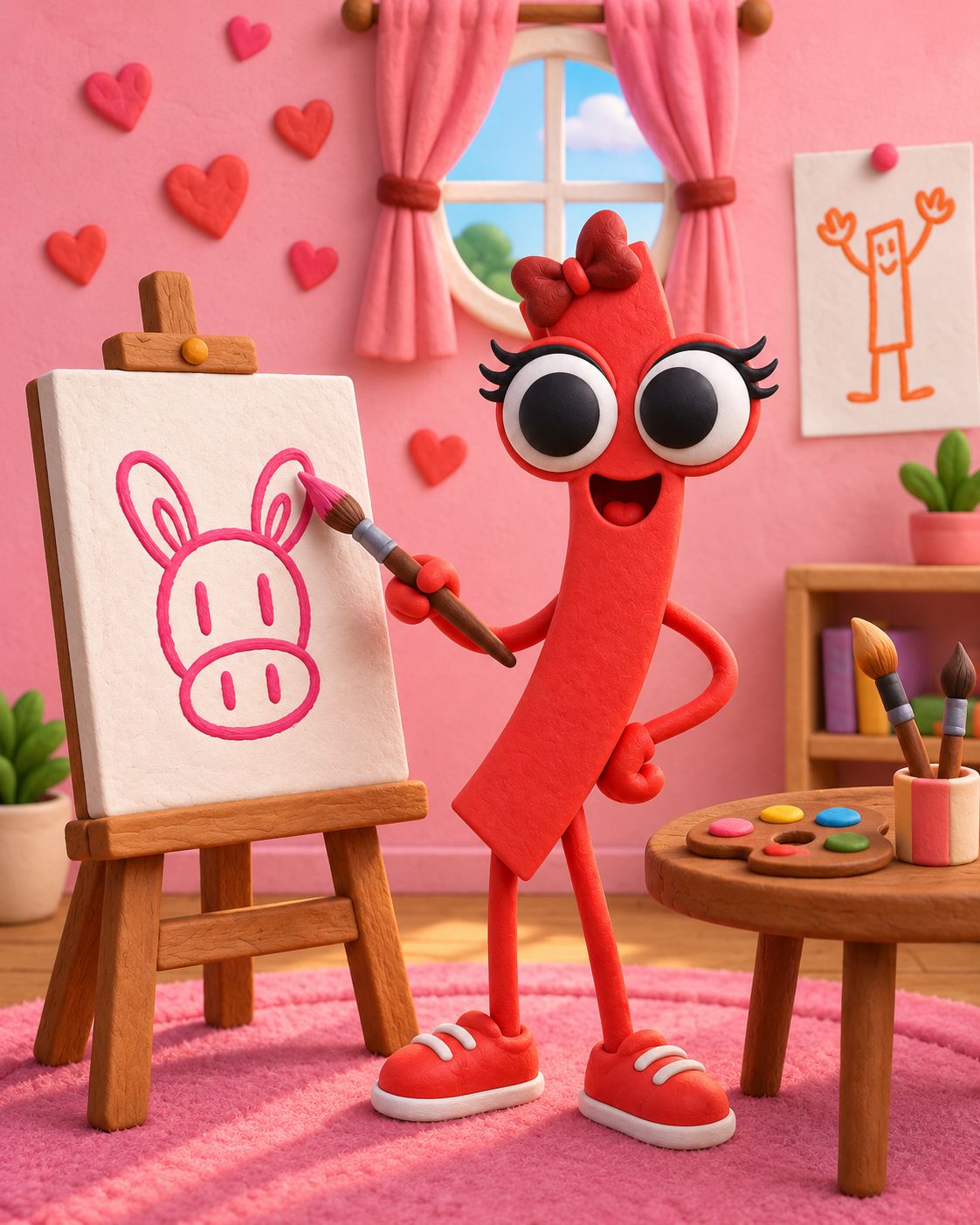 Adi pintando un retrato en su caballete en un cuarto rosa