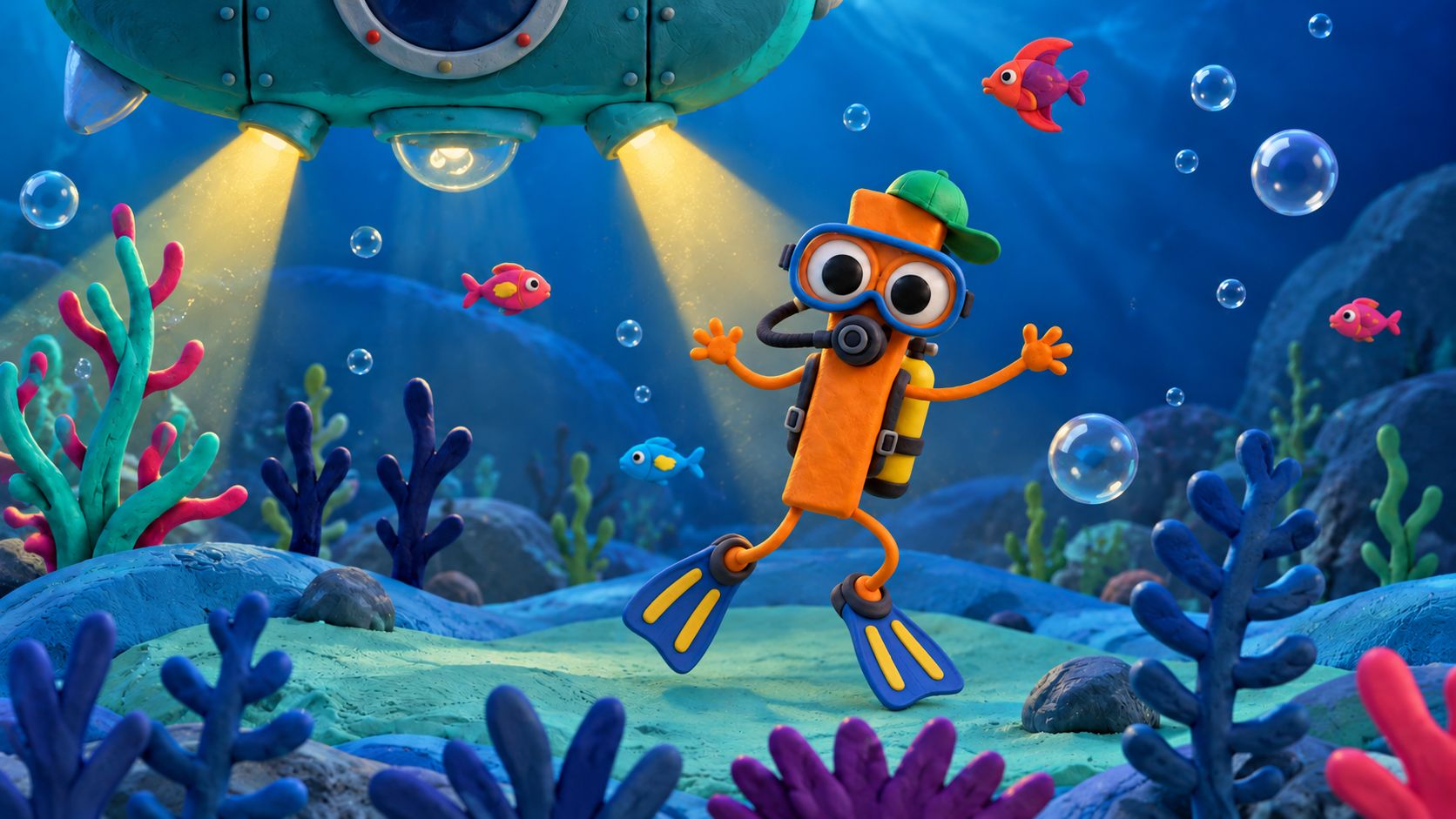 Kai buceando con snorkel bajo las luces de su submarino, rodeado de peces