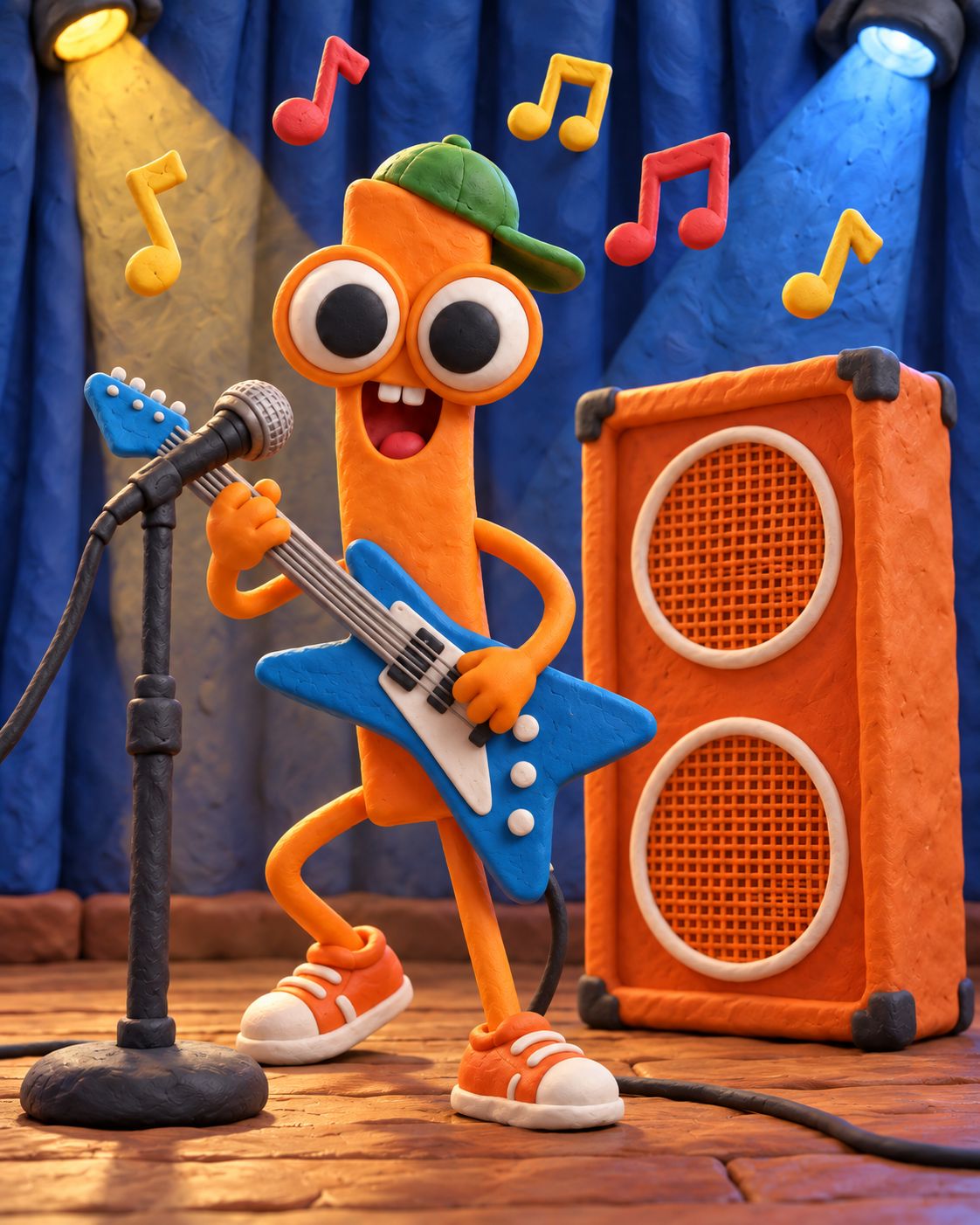Kai tocando la guitarra eléctrica en un escenario con bocina naranja