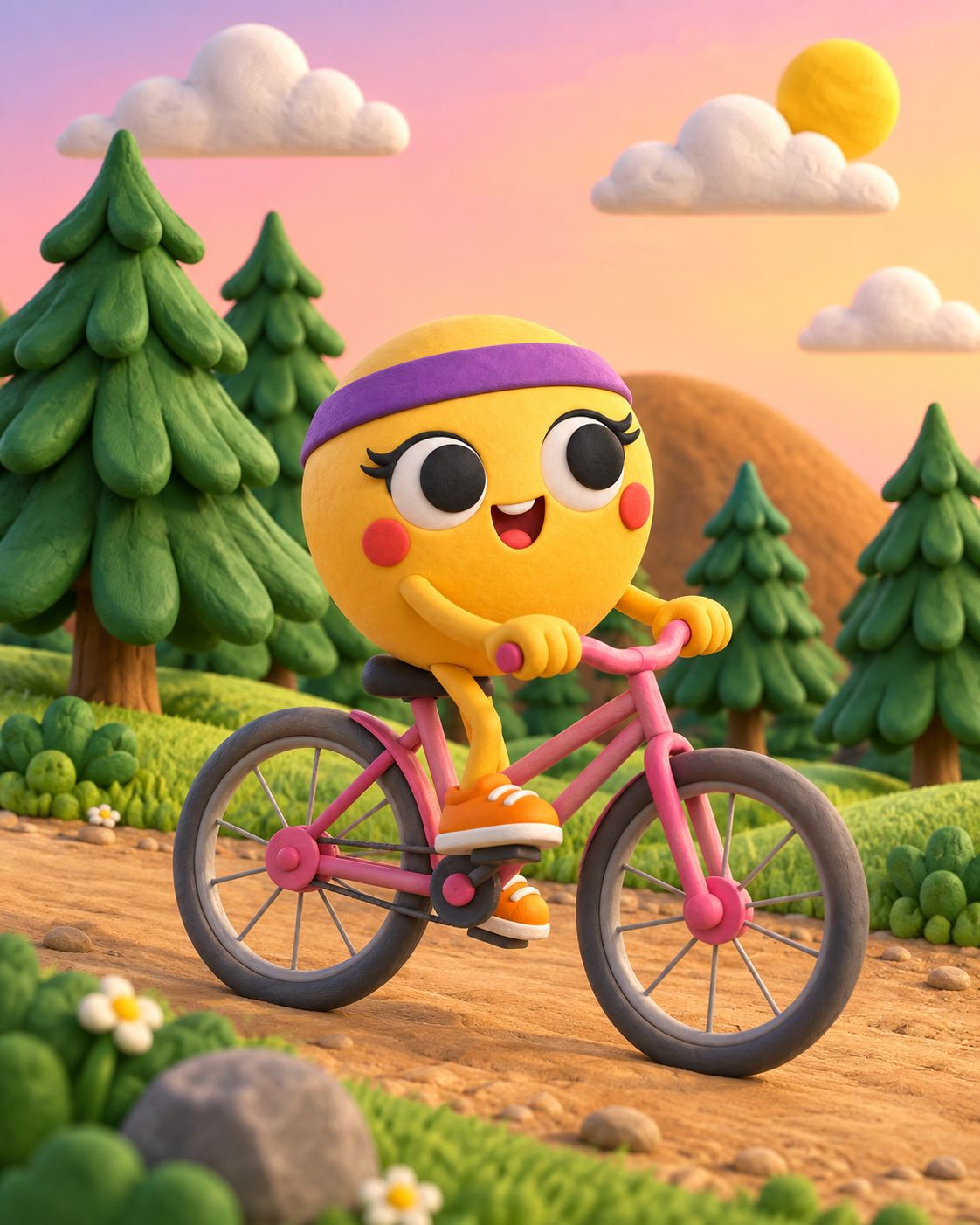 Lina paseando en bicicleta entre pinos al atardecer