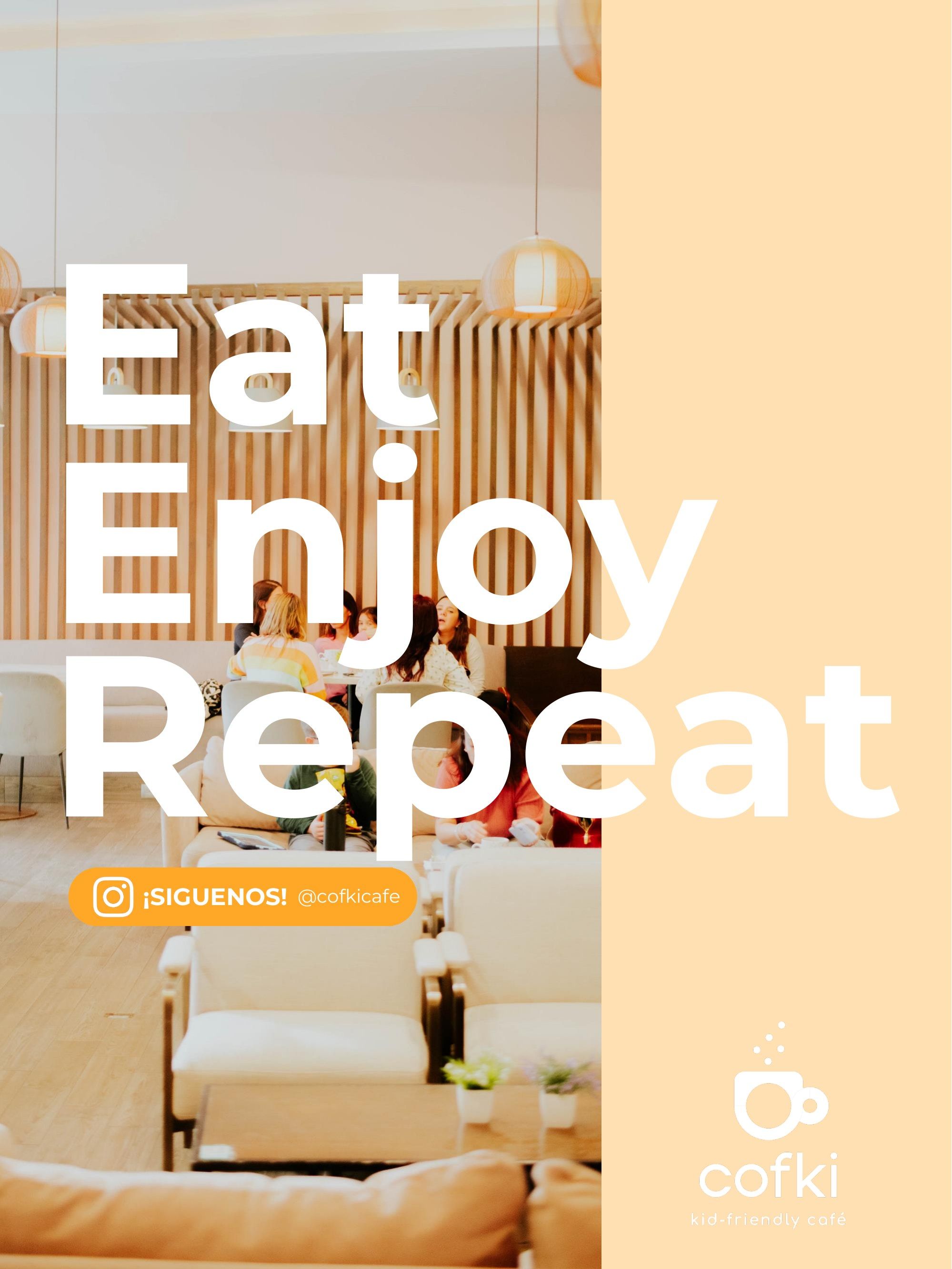 Portada del menú de Cofki: Eat, Enjoy, Repeat. Síguenos en Instagram: @cofkicafe.