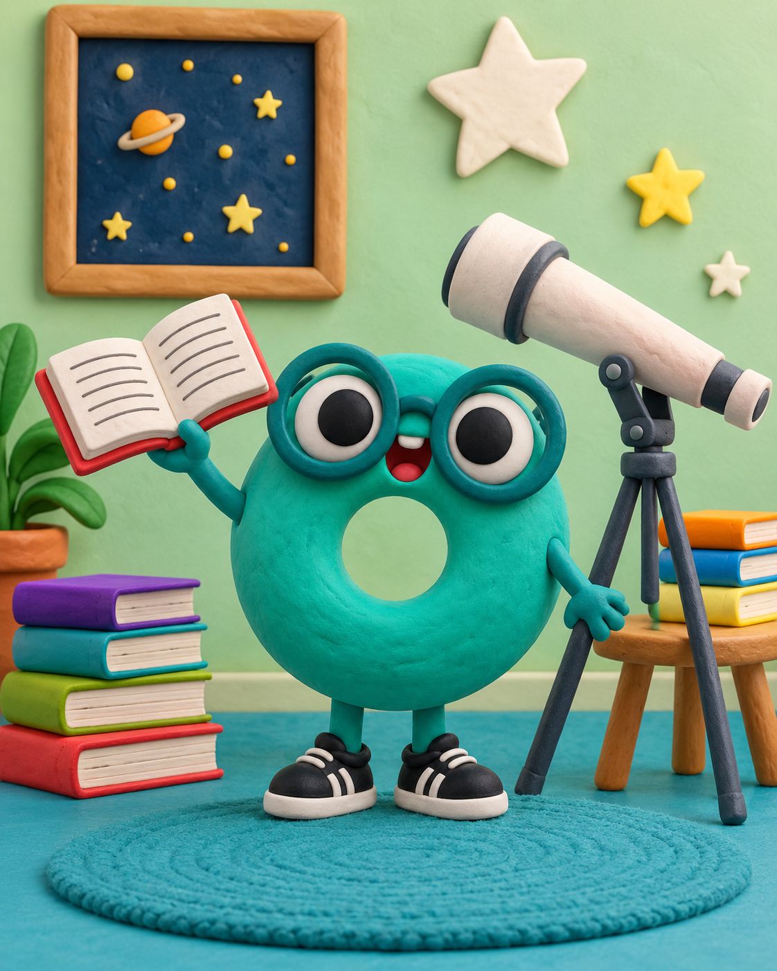 Tino con su telescopio, un libro abierto y una torre de libros