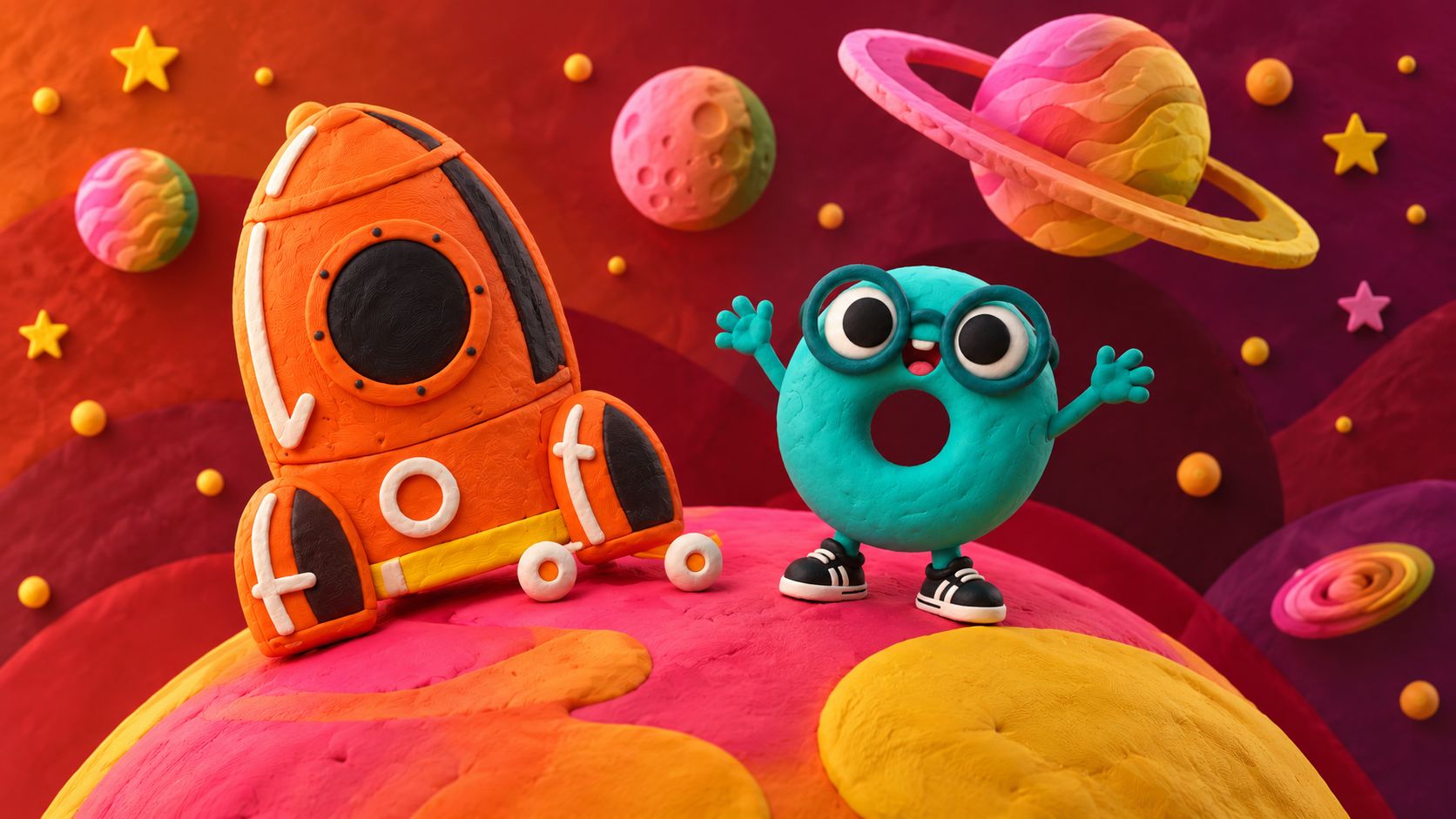 Tino saludando desde un planeta rojo junto a su cohete naranja